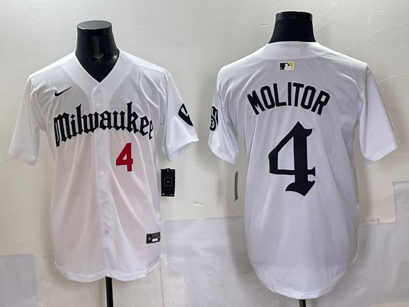 Men 2025 Milwaukee Brewers #4 Molitor White Five generations Joint Name Nike MLB Jersey style 5->milwaukee brewers->MLB Jersey